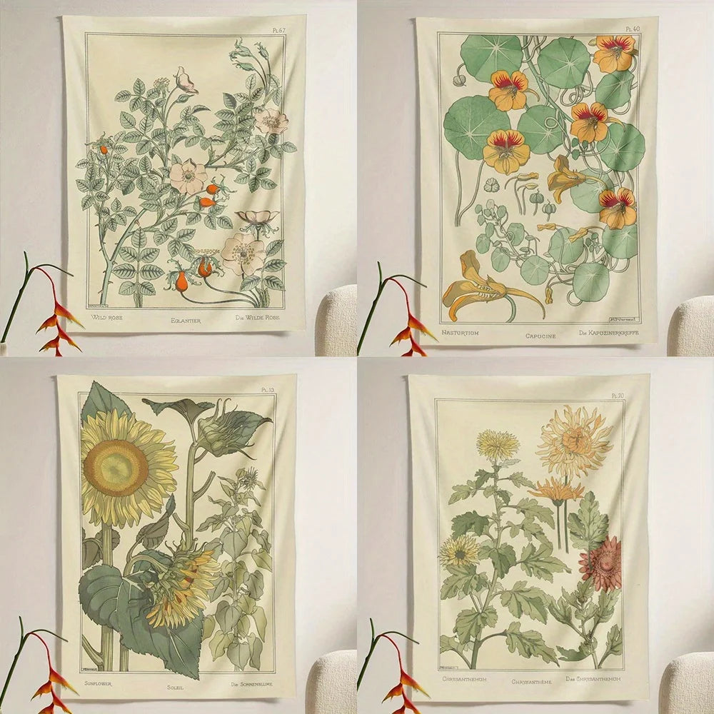 tapisserie vintage illustrative botanique fleurs feuilles salon chambre rouge orangé blanc