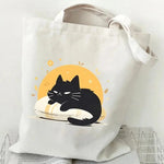 sac main femme toile chat cartoon noir blanc motifs animaux décontracté sans fermeture éclair