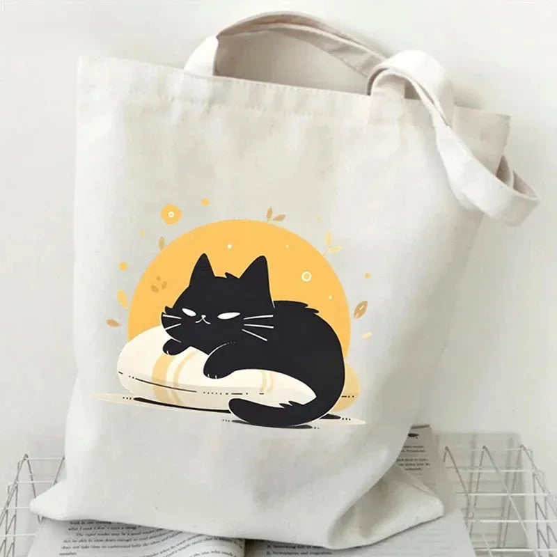 sac main femme toile chat cartoon noir blanc motifs animaux décontracté sans fermeture éclair