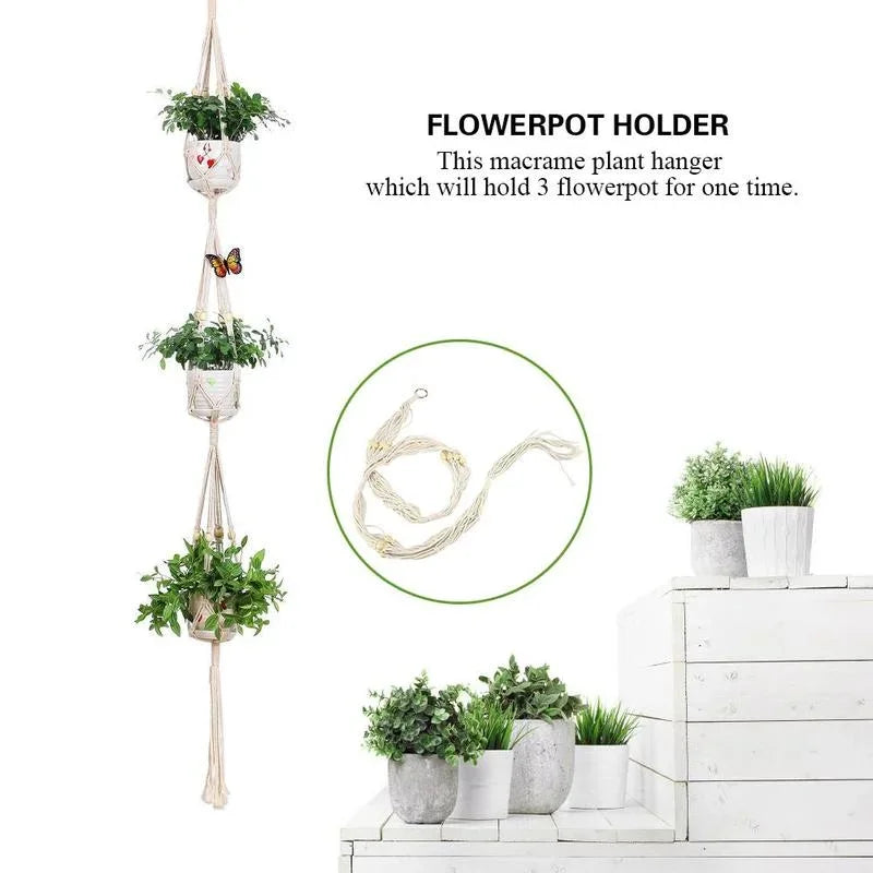 Support plante suspendue macramé blanc artisanal pot transparent