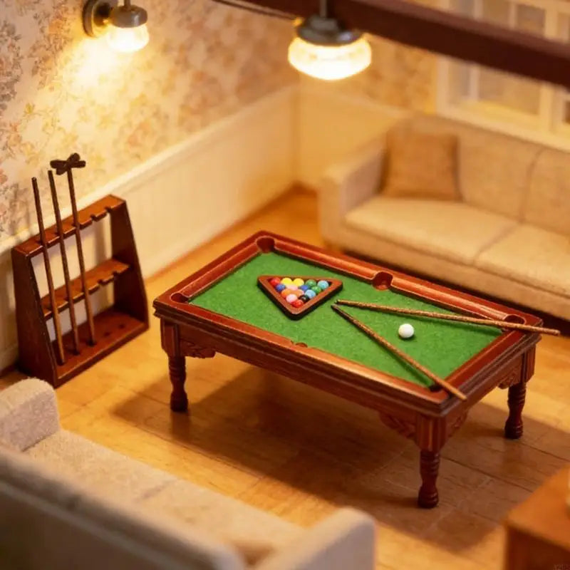 billard miniature bois classique tapis vert billes queue support accessoires maison poupées 12