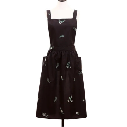 tablier cuisine noir fleurs blanches coton polyester plissé croisé dos poches classique imperméable