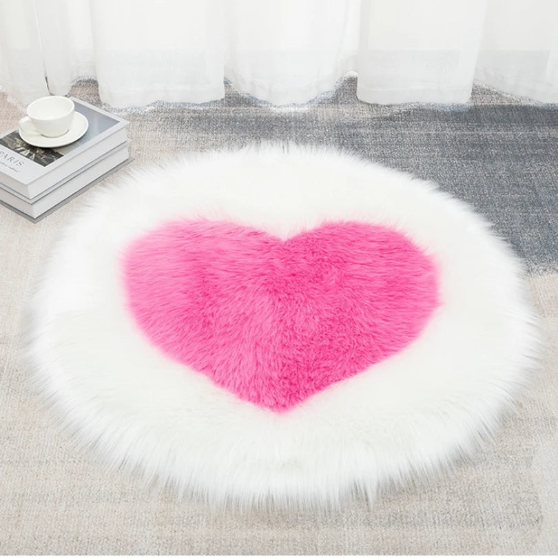 tapis rond blanc rose fourrure coeurs moderne doux salon chambreDecoration