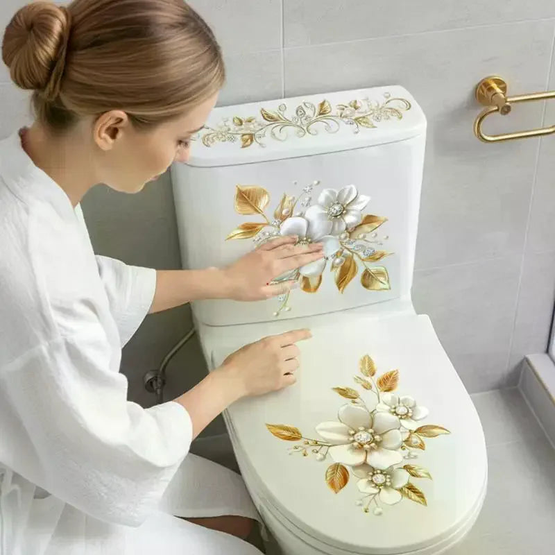 stickers decoratifs toilettes fleurs dorées brillantes luxe floral chambre