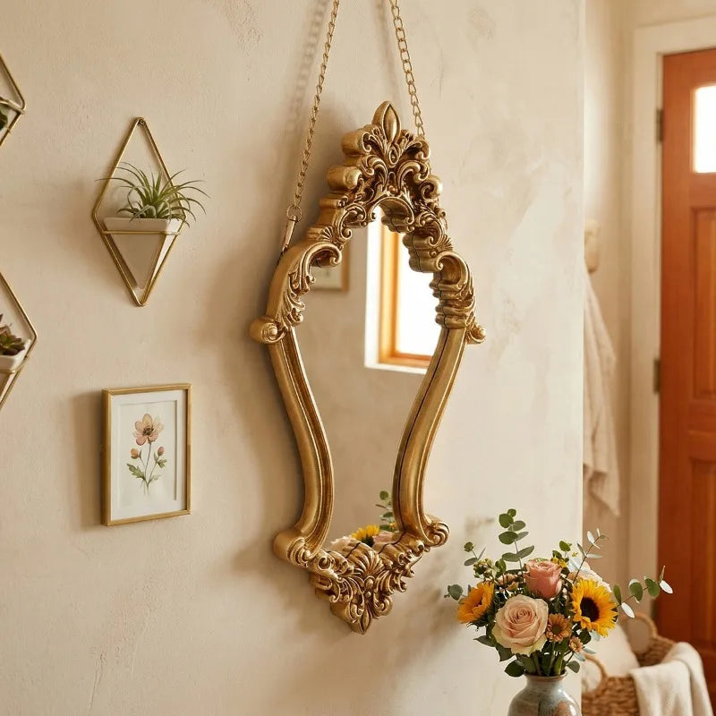 miroir decoratif baroque or floral suspendu chaîne vintage chambre salon entree