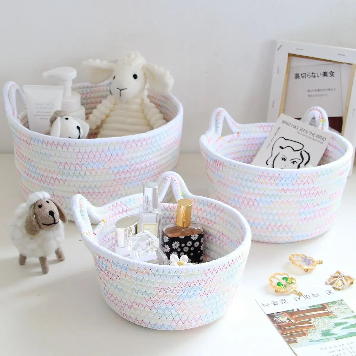 panier rangement tissu poignées cosmétiques petits objets moderne