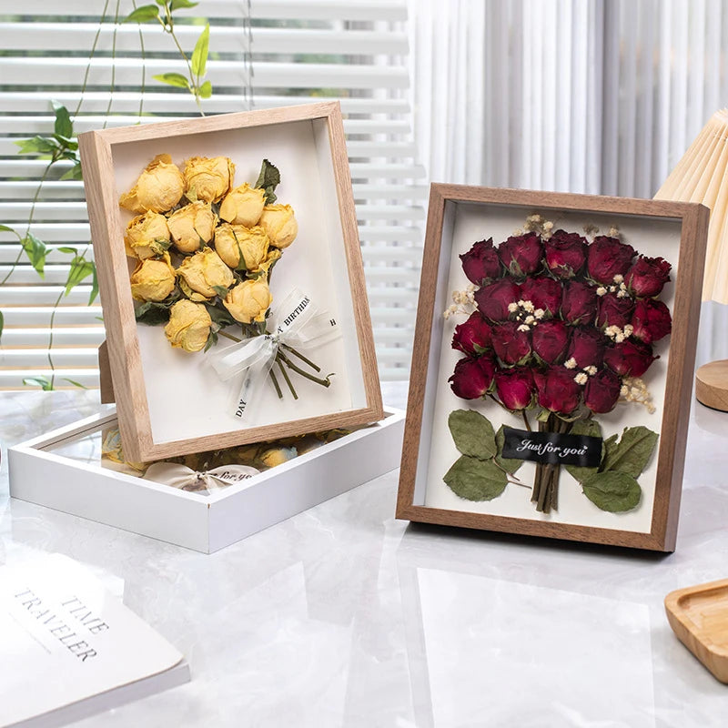 cadre fleur séchée verre transparent rose feuille satin romantique chambre salon