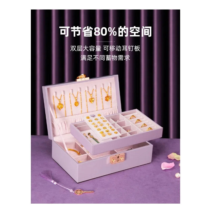 boîte bijoux cuir violet velours doux classique boutons cœur compartiments rangement boucles doreilles echangement