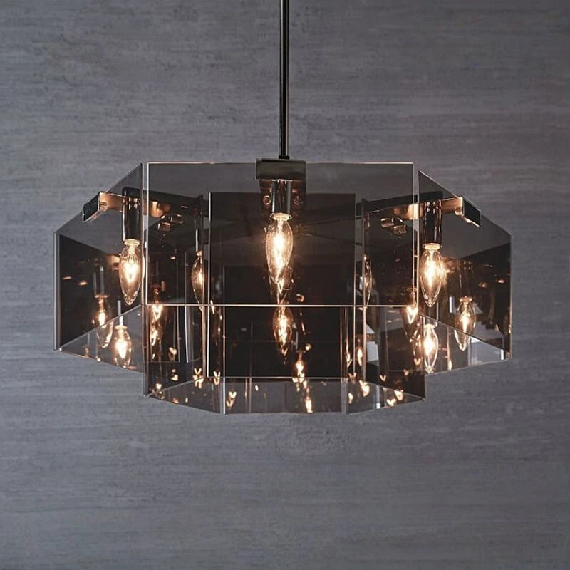 lampe suspendue moderne noir transparent facettes géométriques réfléchissantes salon restaurant chambre