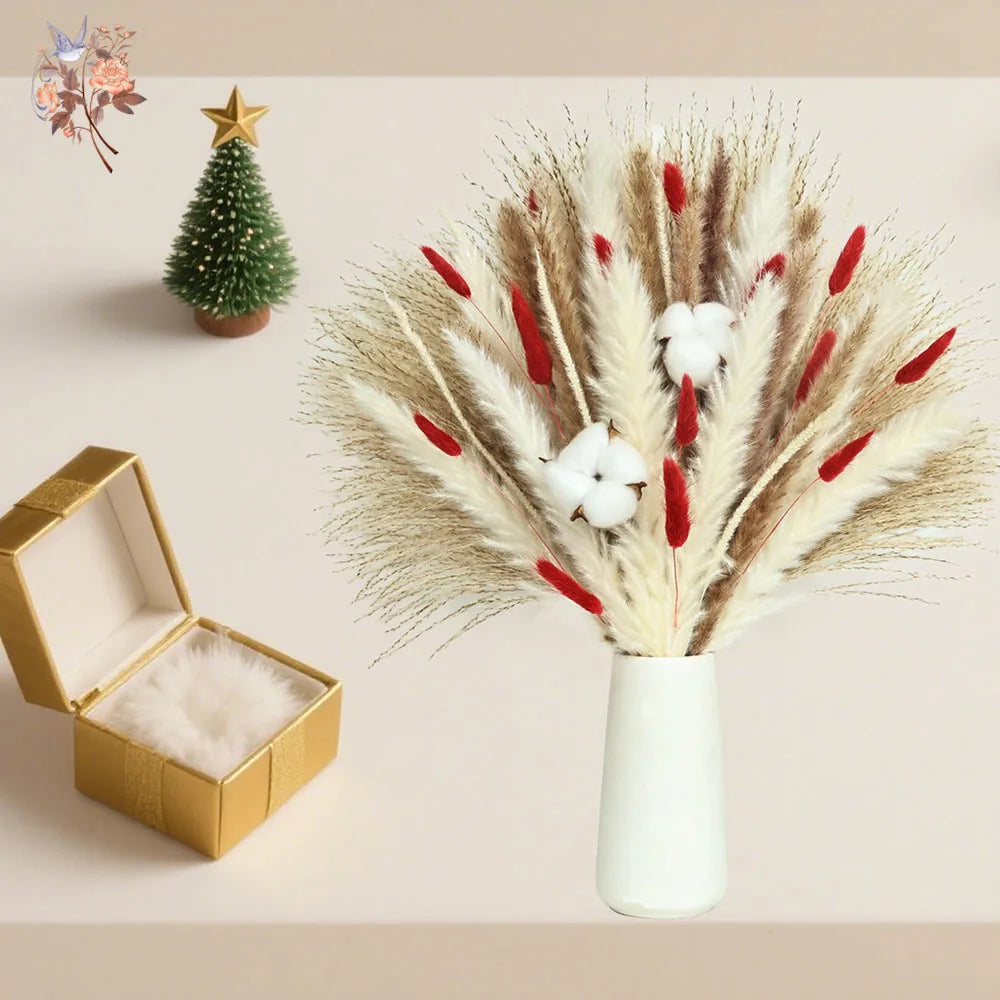 Bouquet fleurs séchées pampas blanche rouge décoration maison anniversaire boho festive
