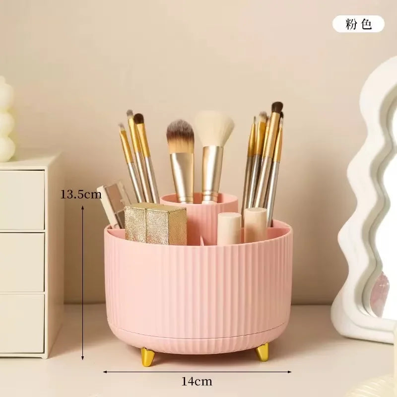 organisateur maquillage rotatif blanc rose rayures élégants étuis pinceaux crayons ombres lunettes clés