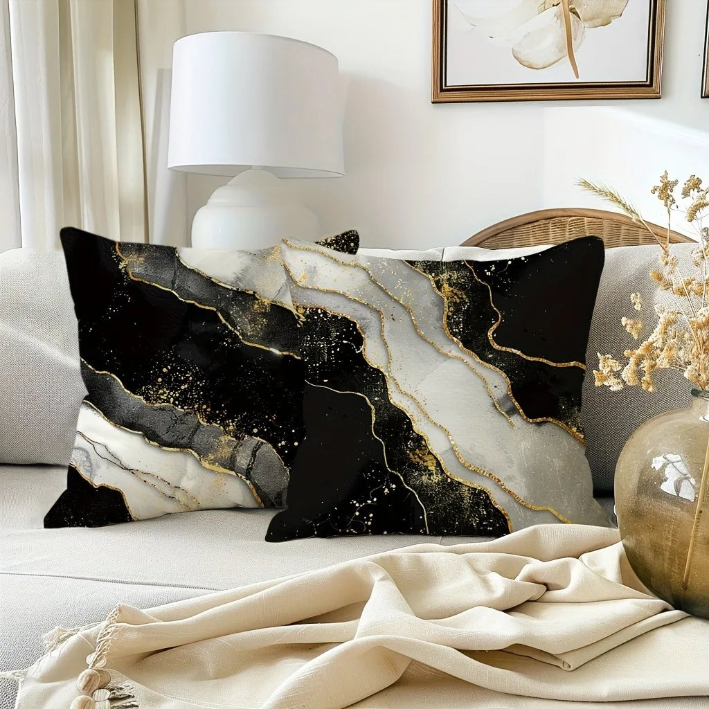 taies d'oreiller imprimées marbre veines dorées contemporain maison salon 45x45cm polyester peachskin