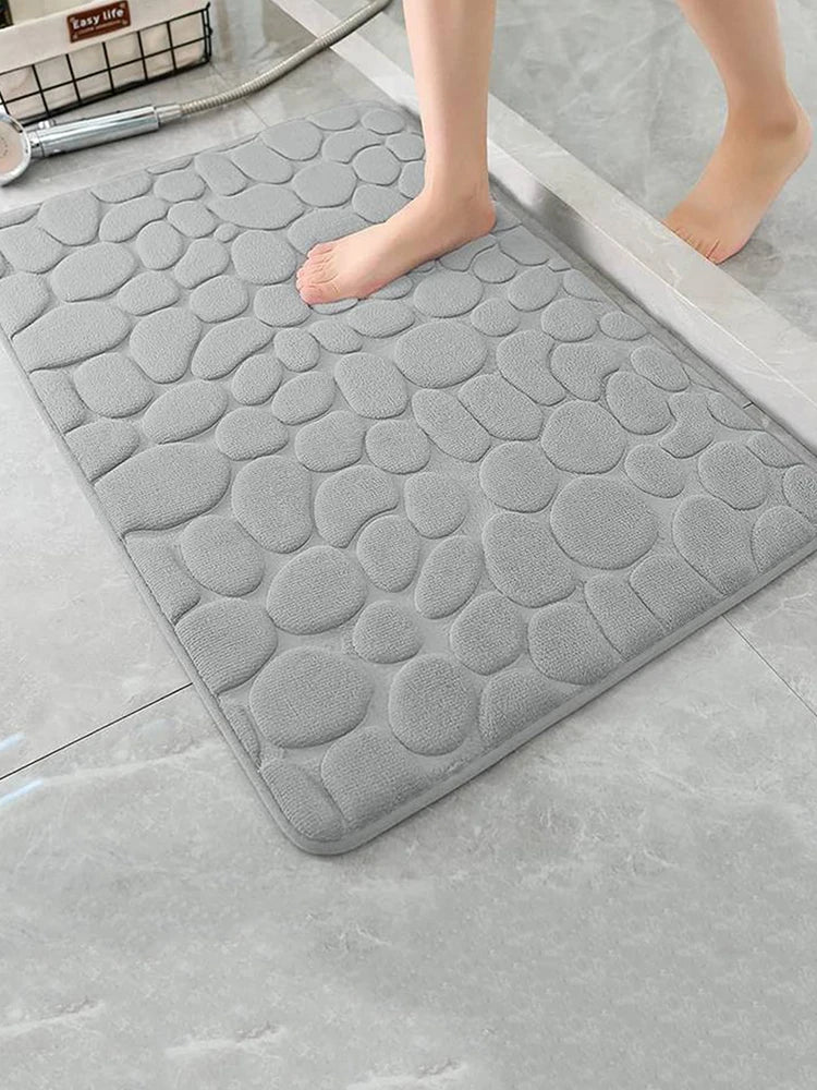 tapis bain moderne marron noir bordeaux bleu clair texture galets polyester antidérapant absorbant