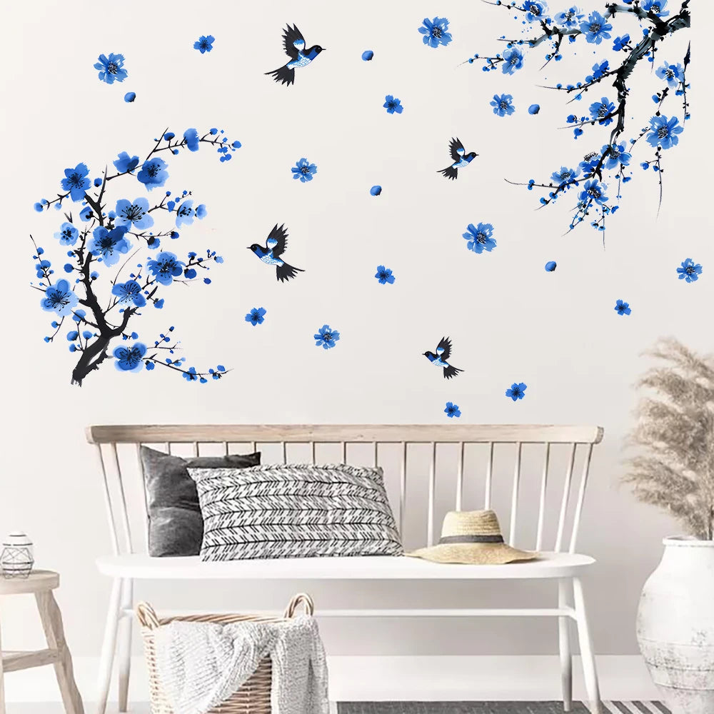 sticker mural fleurs oiseaux bleu noir artiste adhésif chambre salon moderne décoration intérieure