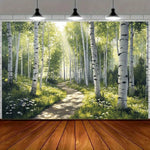 panneau mural forêt chemin naturel arbres blancs herbe verte fleurs chambre salon decoration polyester