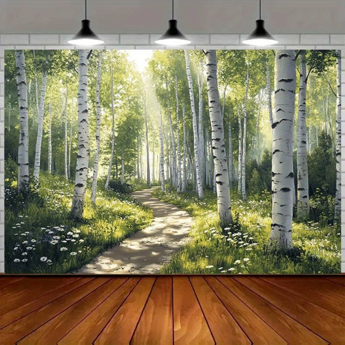 panneau mural forêt chemin naturel arbres blancs herbe verte fleurs chambre salon decoration polyester
