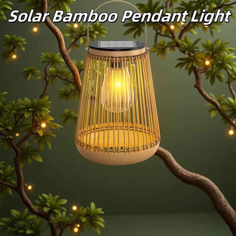 lampe suspendue solaire bambou tressé artisanale extérieure jardin impermeable antirouille anneaux métalliques