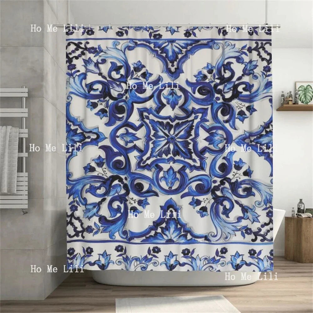 rideau douche polyester floral élégant blanc bleu métalliques classique large dimension