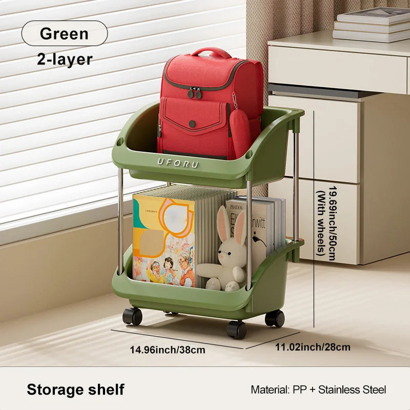 chariot rangement roulant stockage livres sacs dos organisation maison moderne vert rouge beige