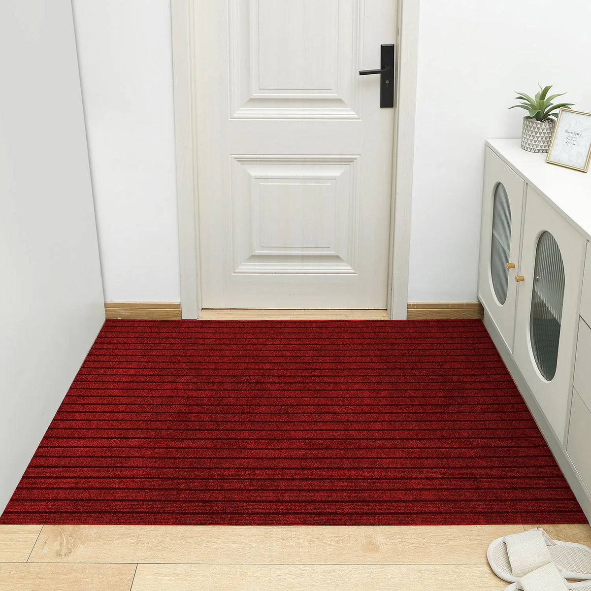 tapis moderne rayé gris rouge marron imperméable antidérapant lavable salon porte d'entrée