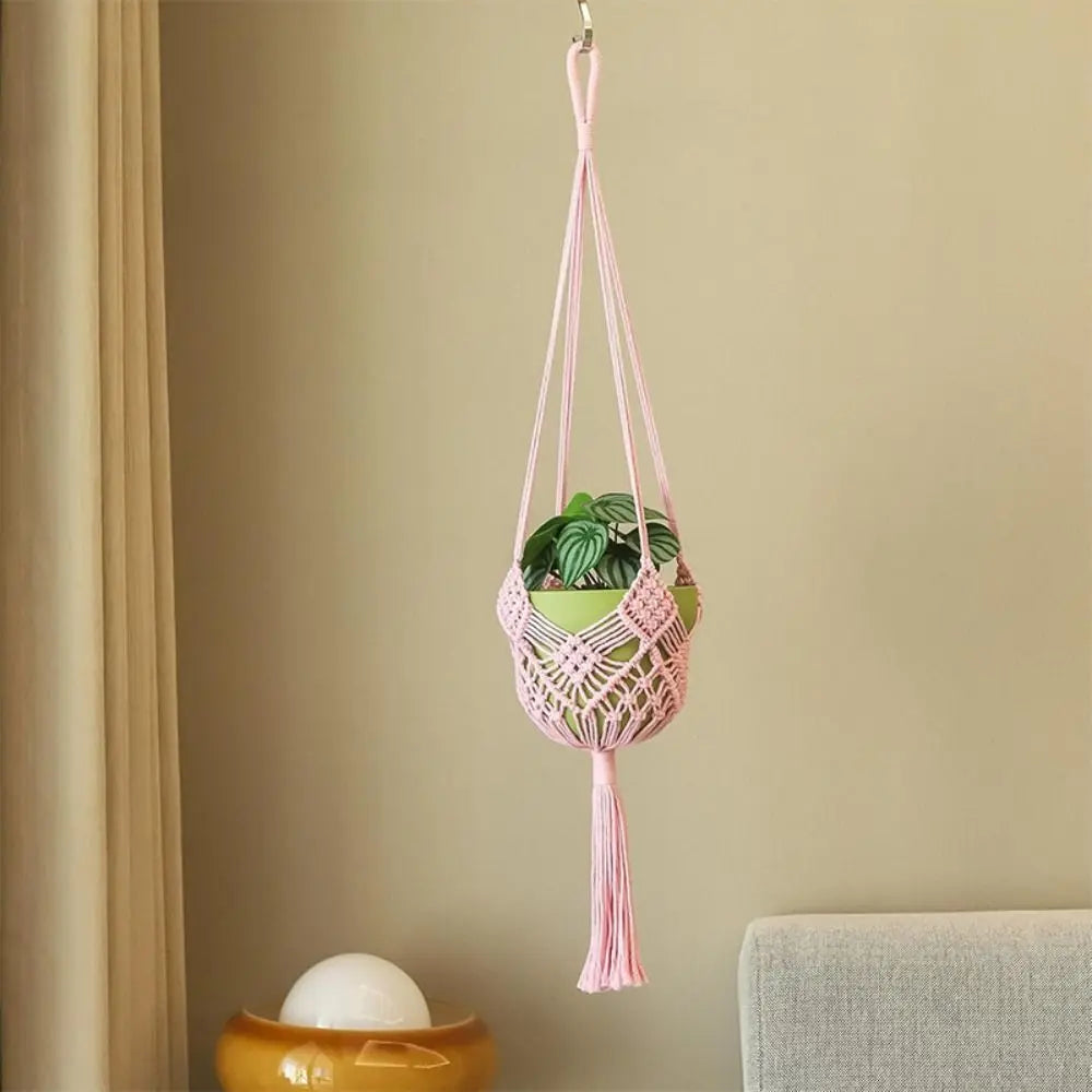 Sac plante suspendu macramé boho beige rose violet artisanal anneaux pot blanc