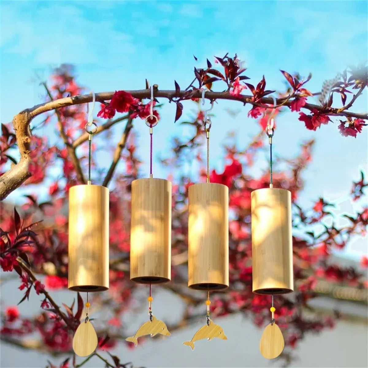 cloches vent rustiques tubes bois naturel pendentifs dauphins feuilles patioextérieurDecorationMeditationRelaxation