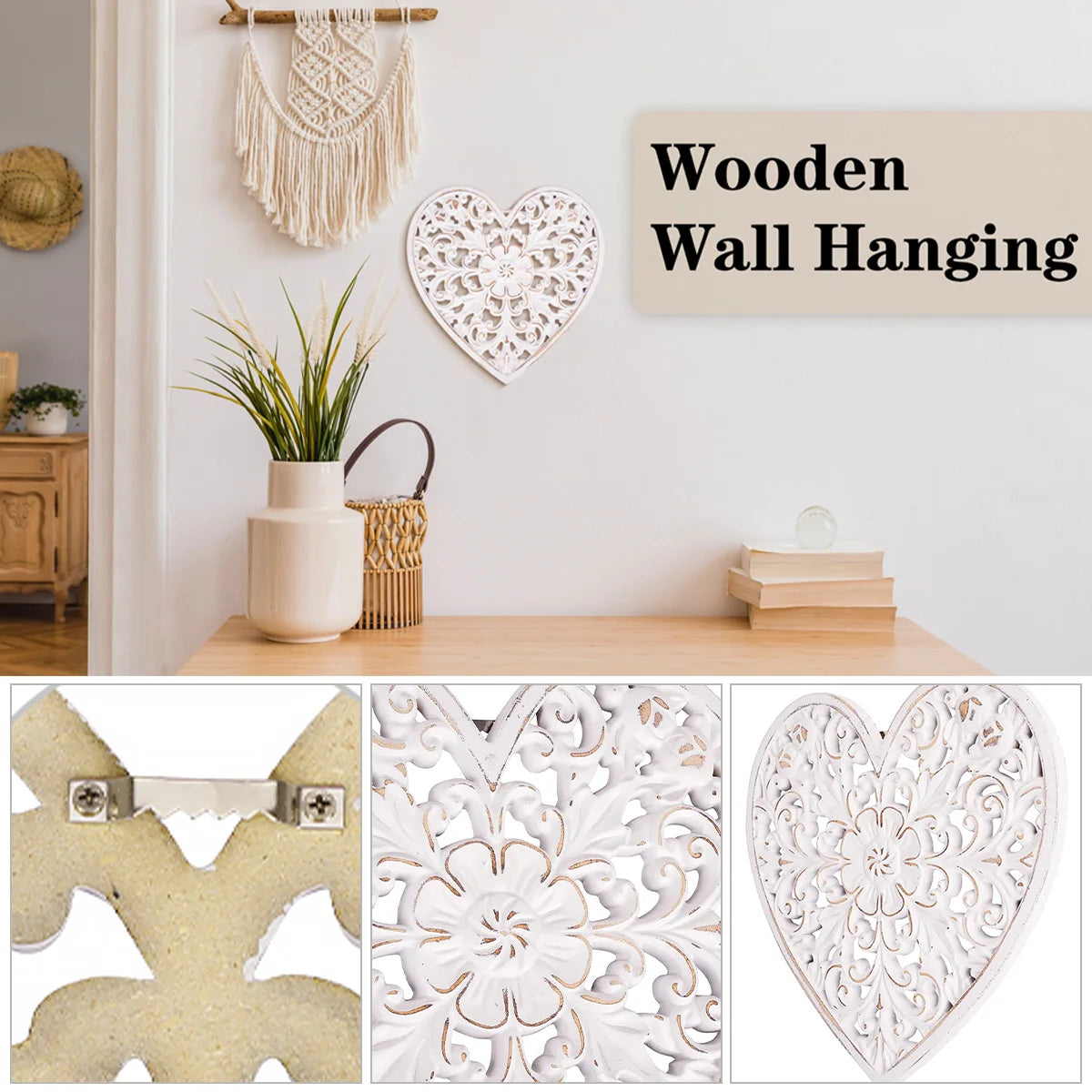 décoration murale bois sculptée motif floral ajouré bohème rustique cœur carré