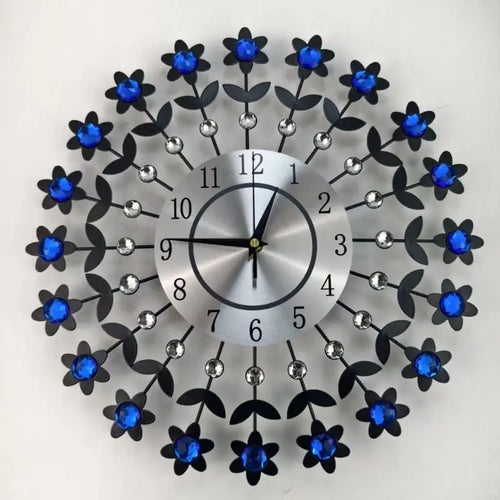 horloge murale moderne fleurs bleues noir argent acrylique métal opaquet fixée sans tic tac