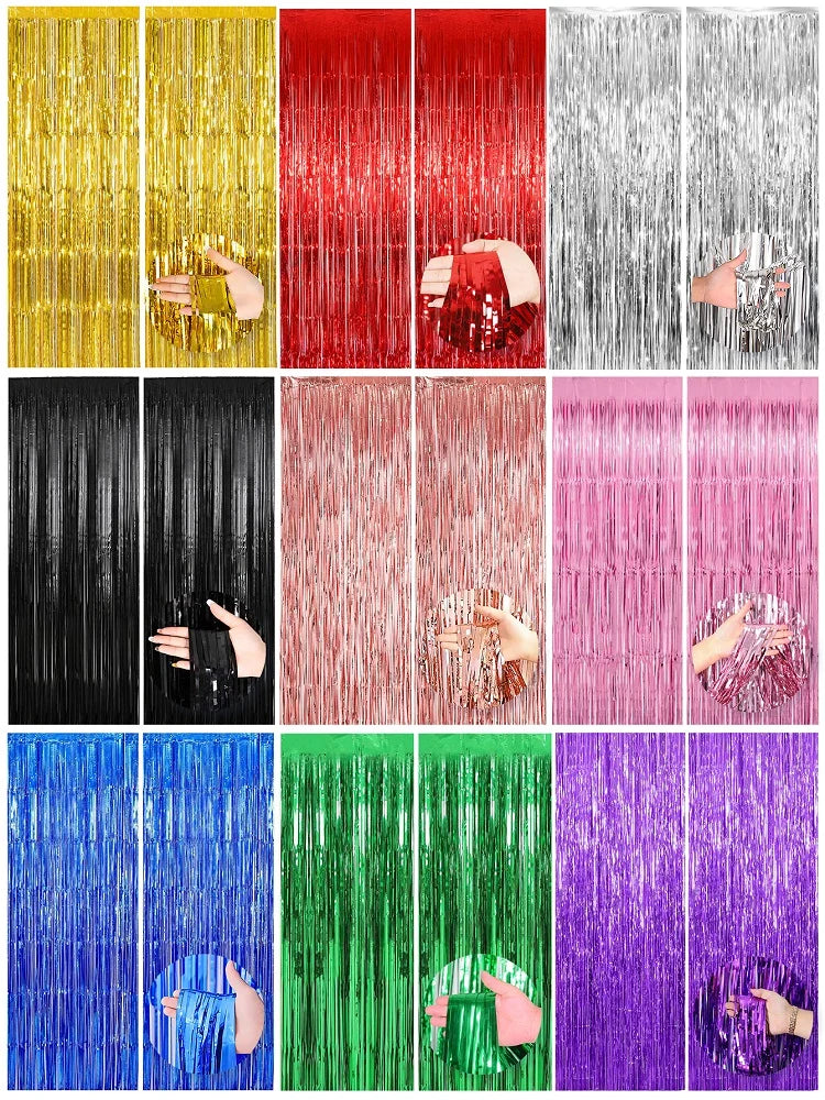 rideau festif franges métalliques brillantes rouge or rose bleu argent décoration murale anniversaire mariage