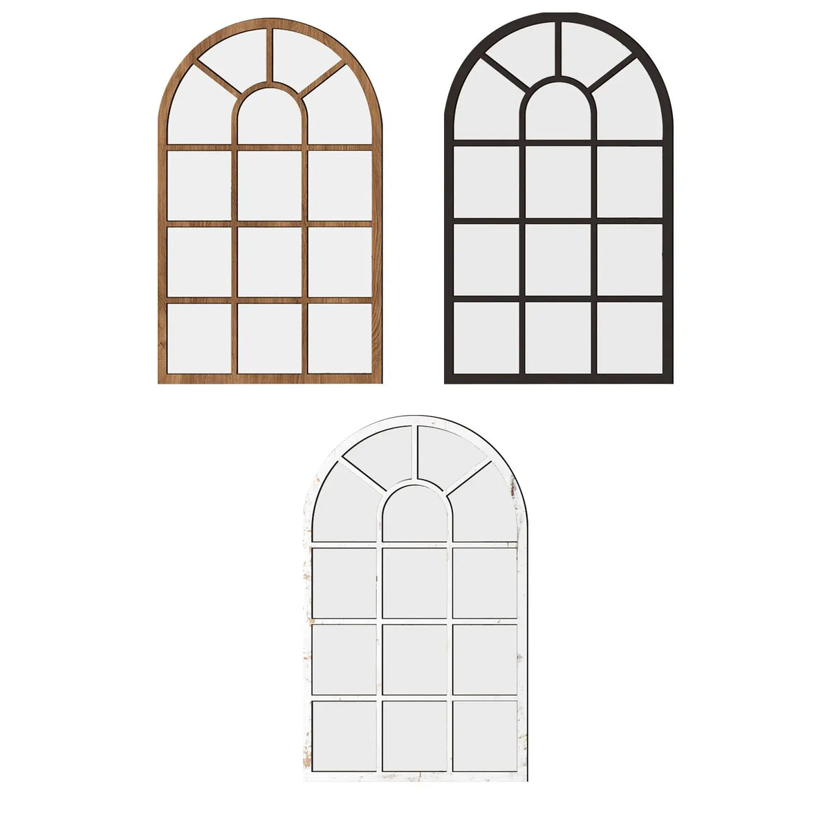 miroir arqué fenêtre bois blanc marron noir structure vieillie décoratif vintage chambre salon