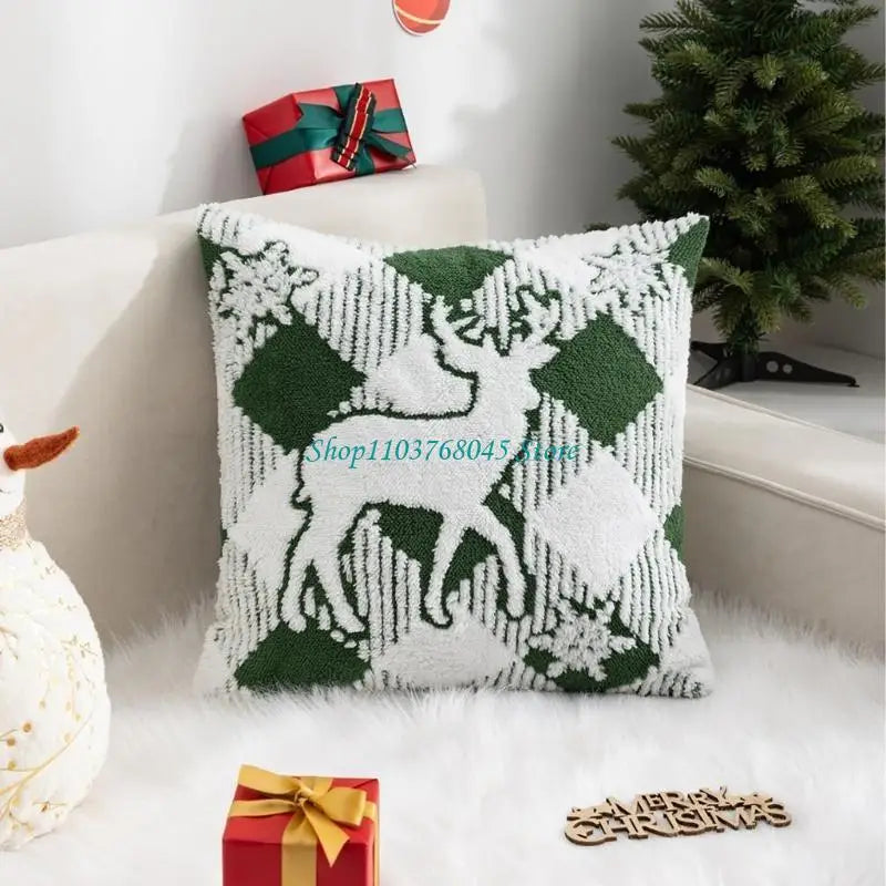housse coussin motif flocons neige rennes noel vert blanc coton polyester lit festive