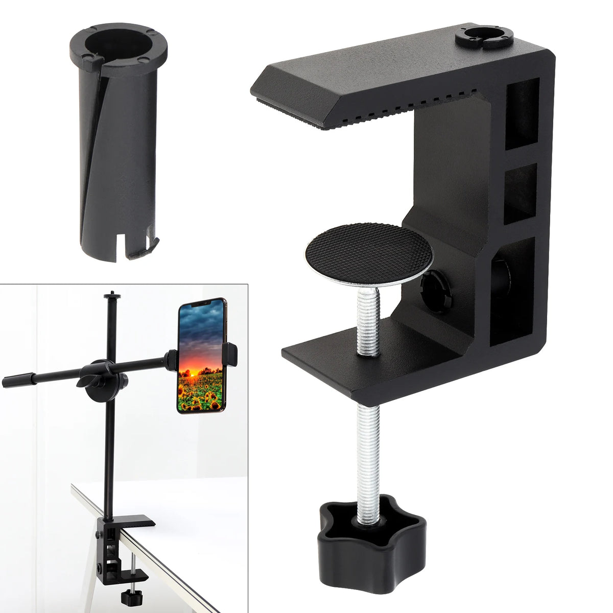 support téléphone noir clips tige métallique moderne fixations matériau métal