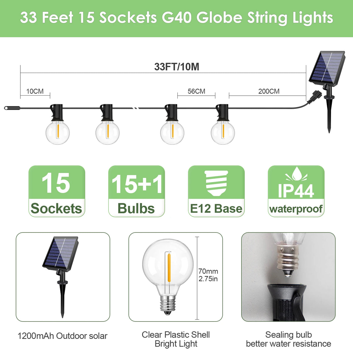 guirlande lumineuse solaire extérieure 15m 25 ampoules led jaunes télécommande