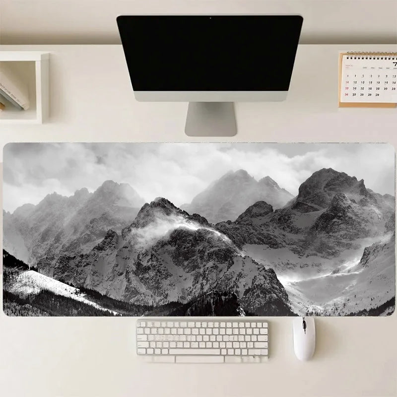 tapis souris gaming noir blanc montagnes nuages moderne grand pc informatique accessoire jeu