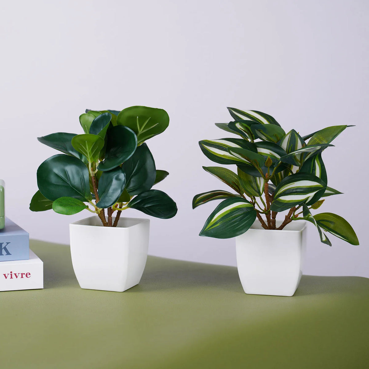 plantes artificielles vertes feuilles rondes moderne pot carré blanc décoration intérieure extérieure ornement festive