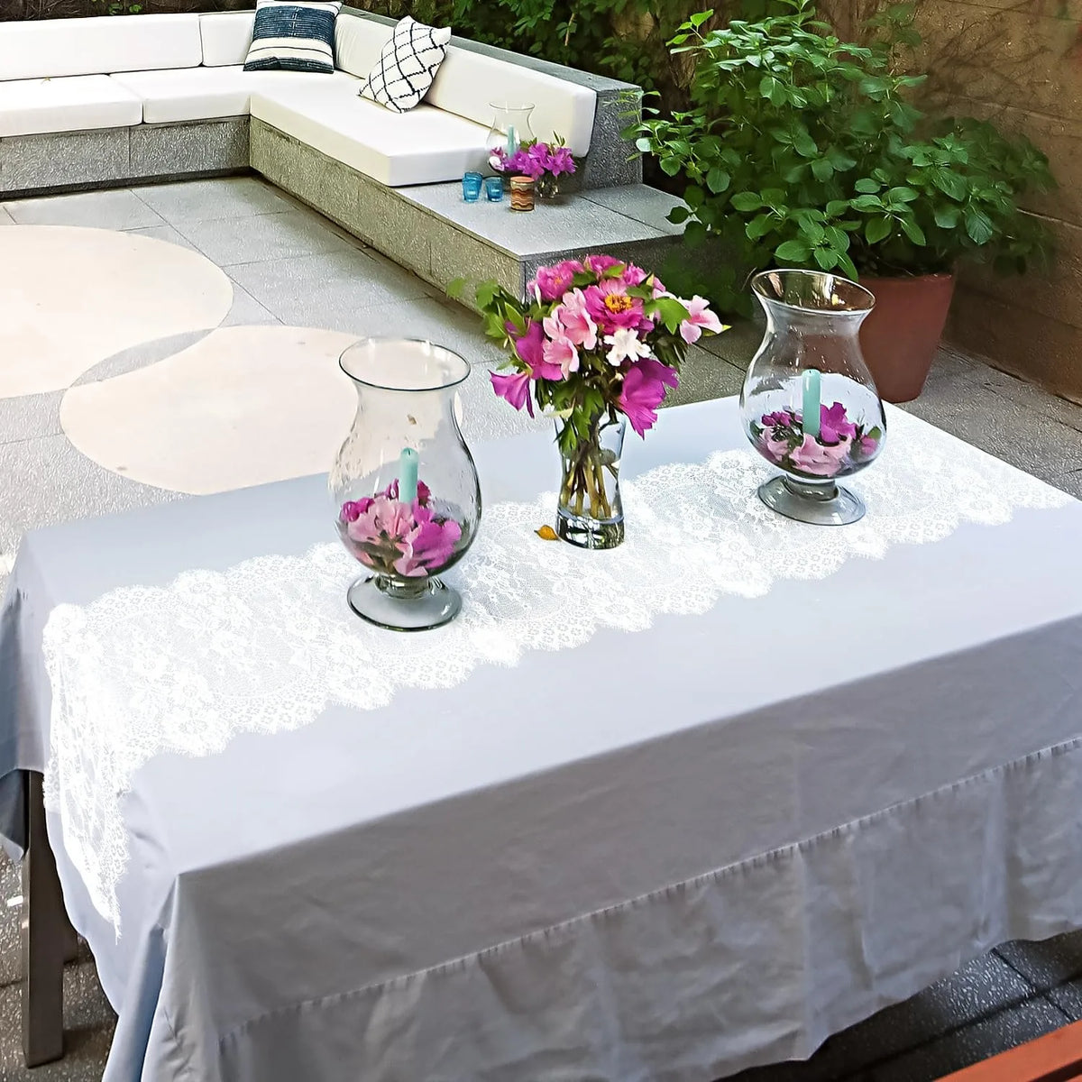 nappe dentelle blanche motif floral table decoration mariage festives romantique coton polyester