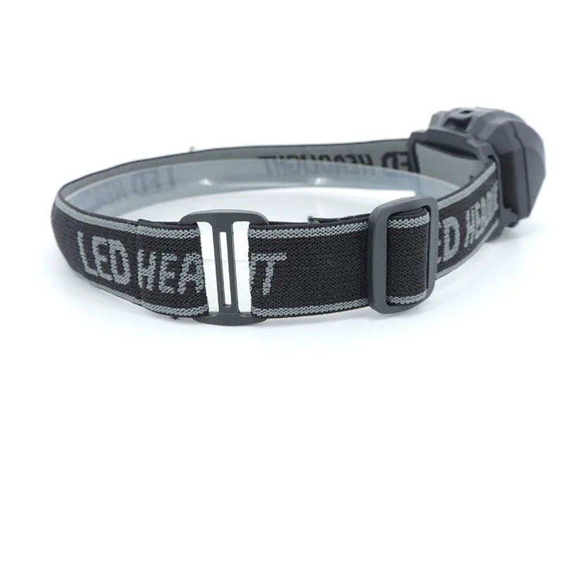 lampe frontale led gris tissu logo ceinture ajustable mode nuit blanc camping pêche