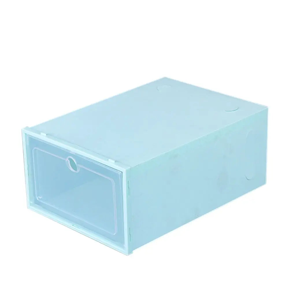 boîtes chaussures transparentes modernes réutilisables noir bleu blanc rose vert pastel poignées incluses