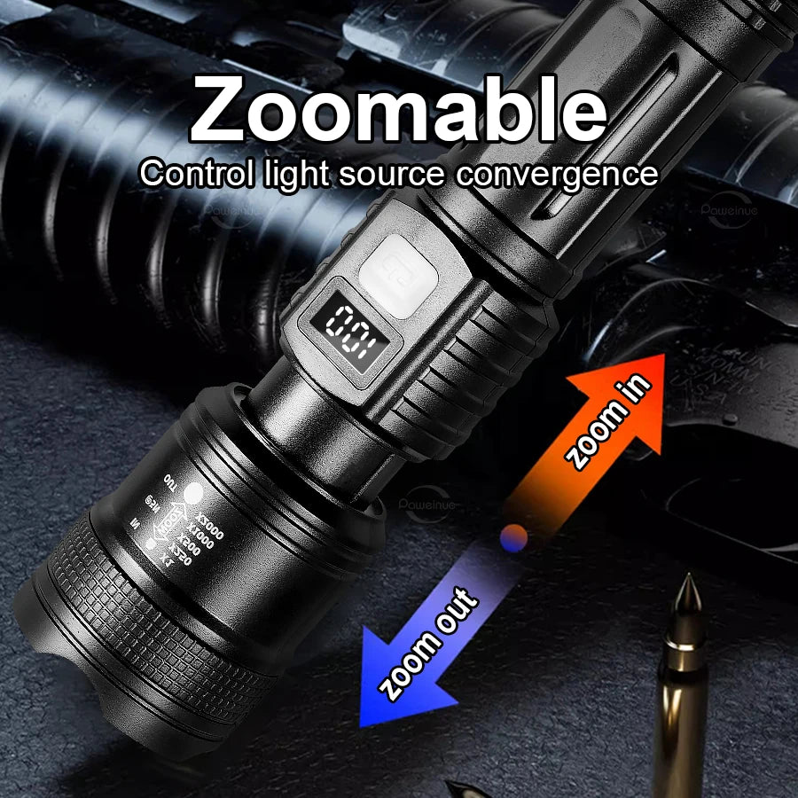 lampe torche rechargeable led 30w zoom longue portée noir affichage numérique