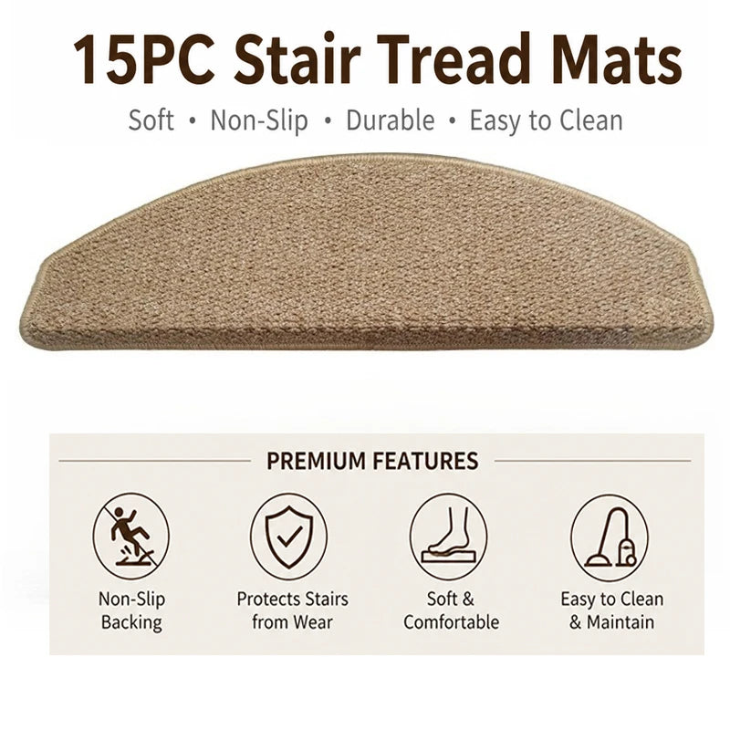 tapis d'escalier moderne antidérapant 15 pièces adhésif beige clair texture tissée polyester