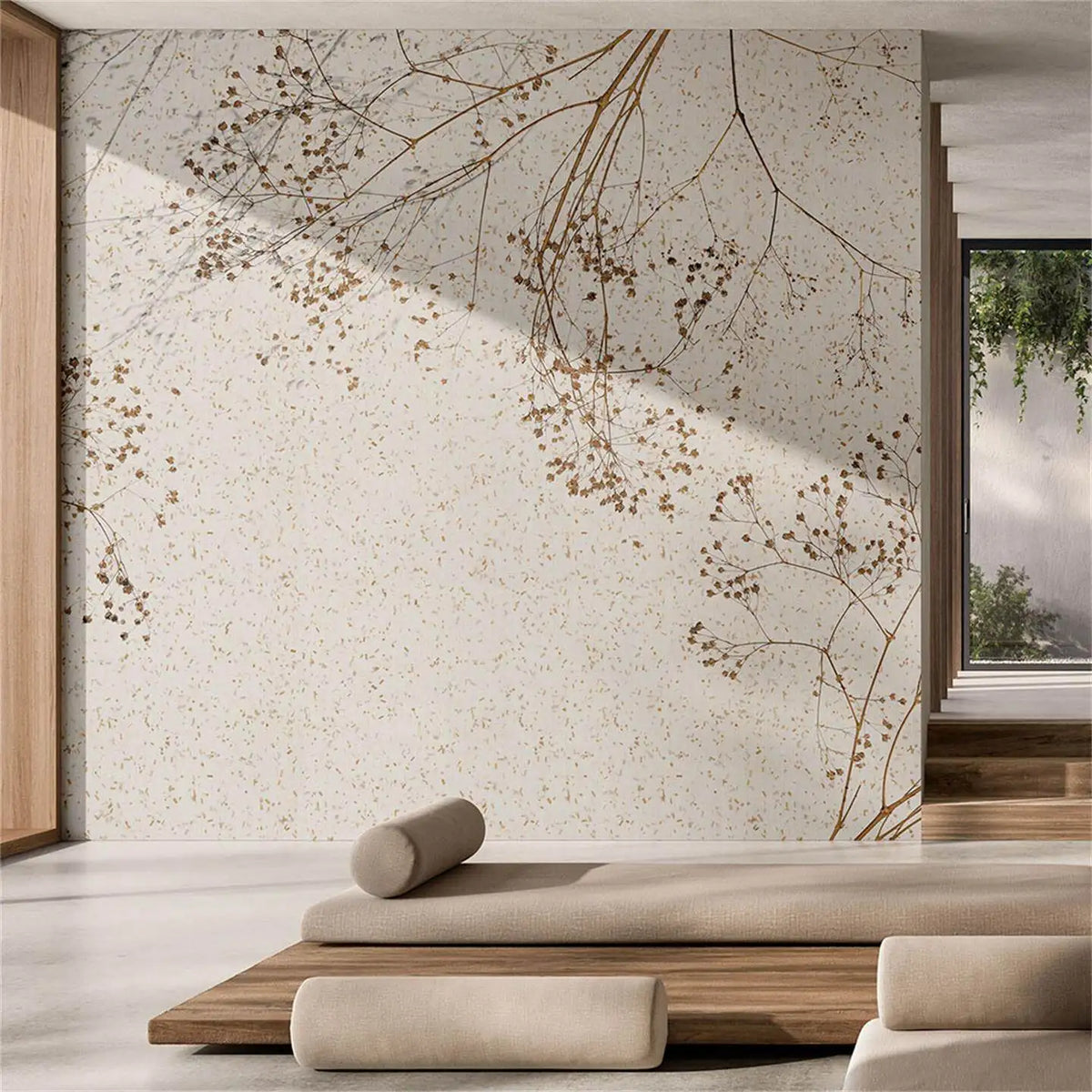 papier peint moderne plante branches fleurs salon chambre soie naturelle respectueux environnement