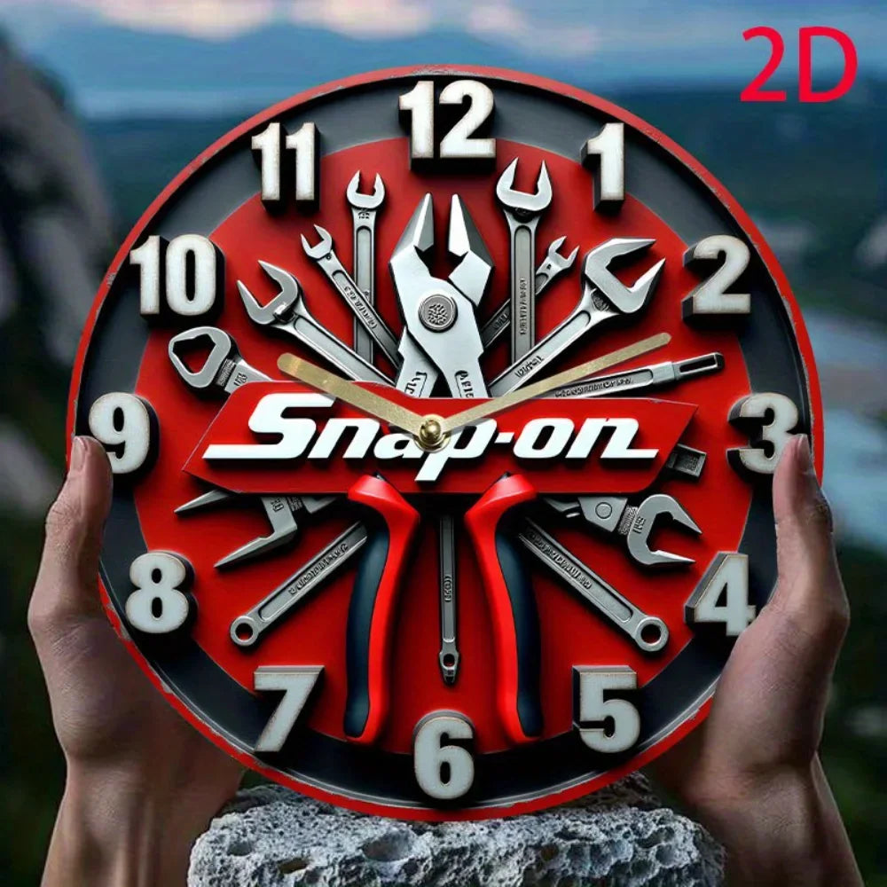 horloge murale industrielle outils clés rouge 3d métal brossé fleurs jaunes vase