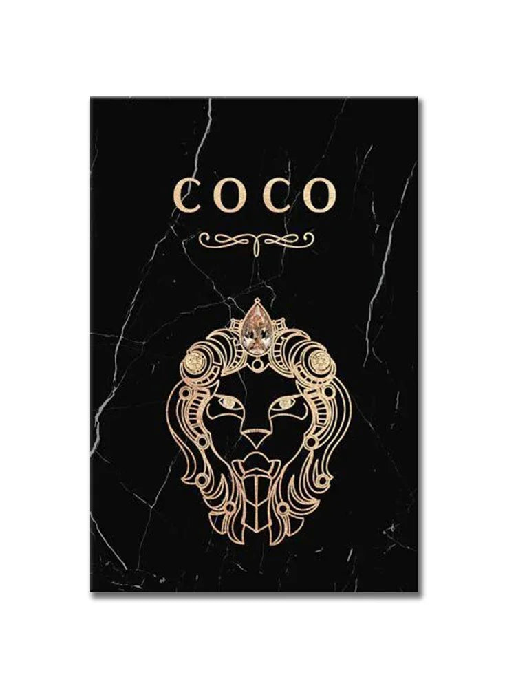 tableaux decoratifs modernes fond noir marbrure cocO parfum visage relief doré chambre salon decoration
