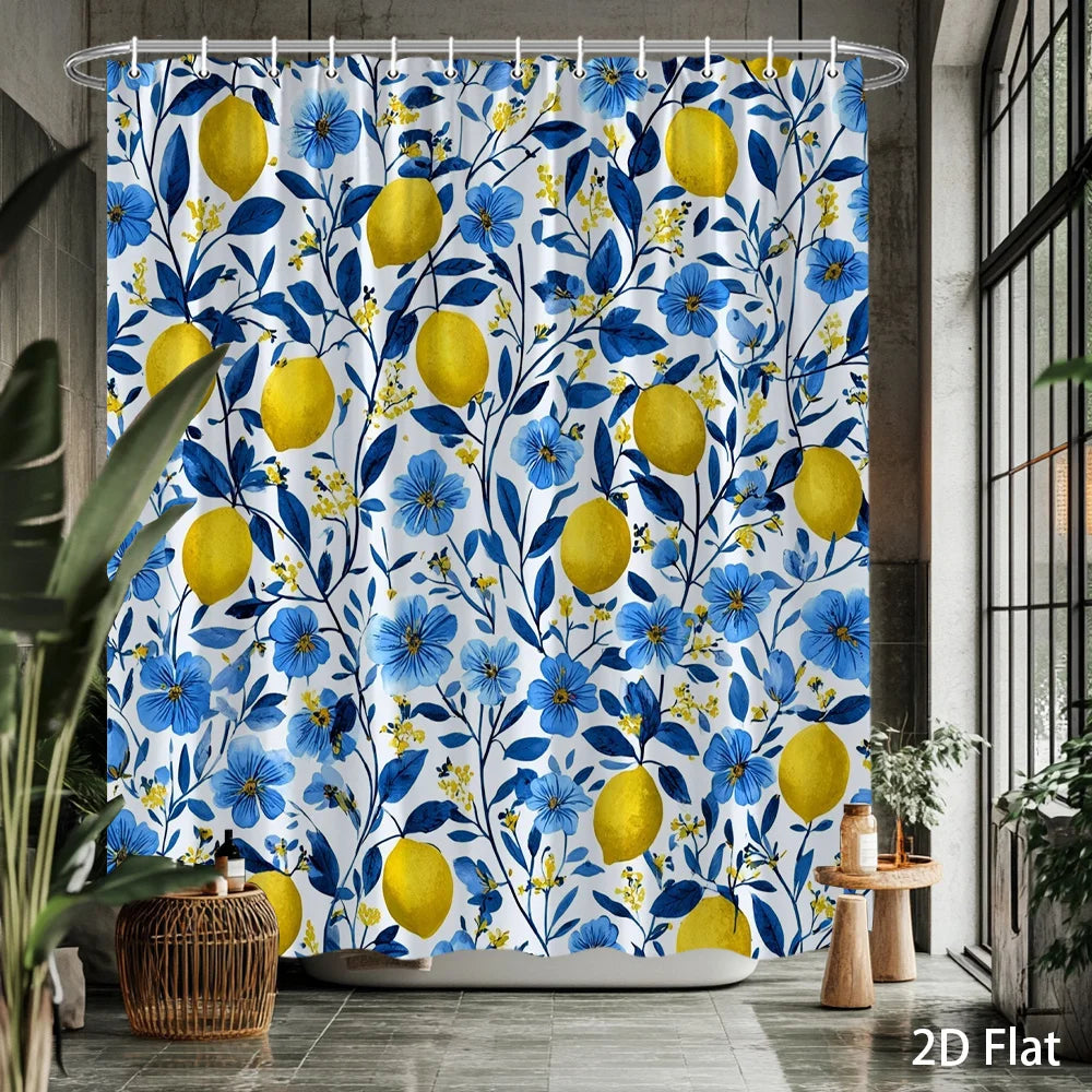 rideau douche fleurs citrons motif aquarelle blanc jaune bleu moderne imperméable polyester