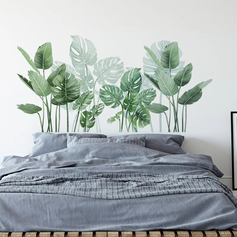 sticker mural moderne feuilles tropicales autocollant adhésif chambre verte blanc
