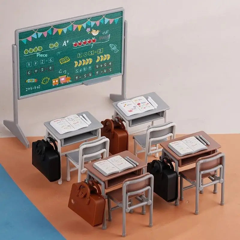 accessoires poupée mobilier scolaire miniature chaises table sac dos crayons livres motifs scolaires modernes