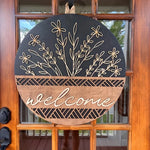 décoration murale bienvenue panneau rond bois fleurs feuilles motif zigzag rustique moderneextérieurporte farmhouse porche