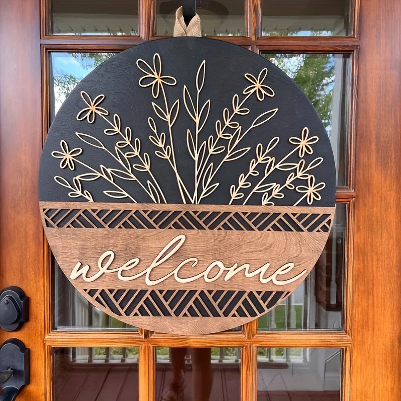 décoration murale bienvenue panneau rond bois fleurs feuilles motif zigzag rustique moderneextérieurporte farmhouse porche