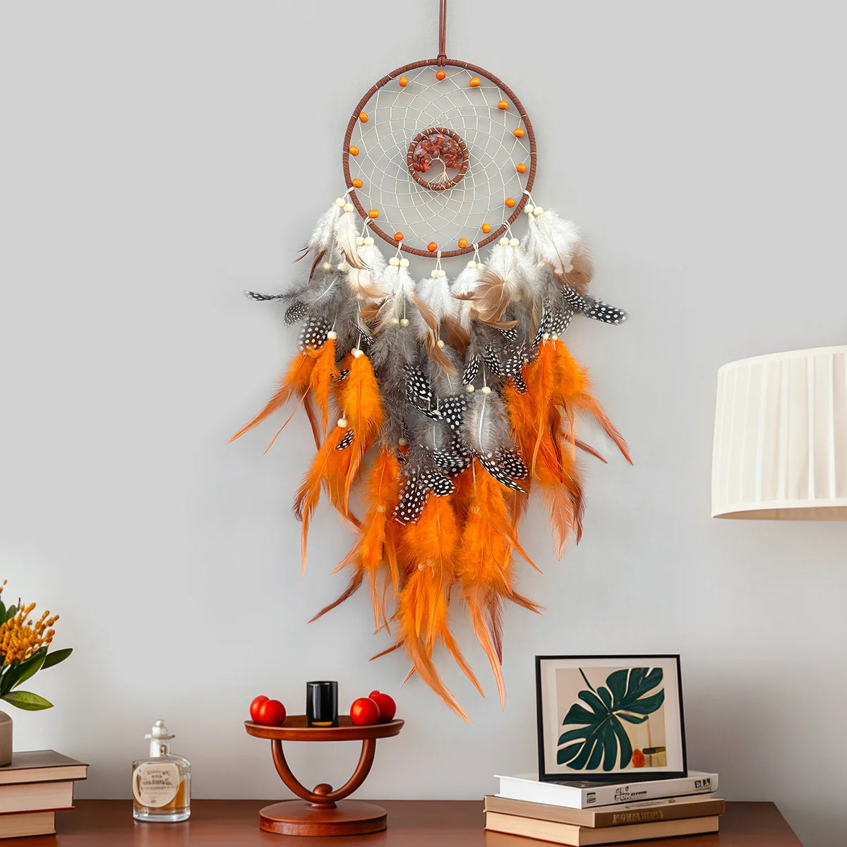 attrape rêves boho chic plumes multicolore bleu rouge gris orange salon chambre