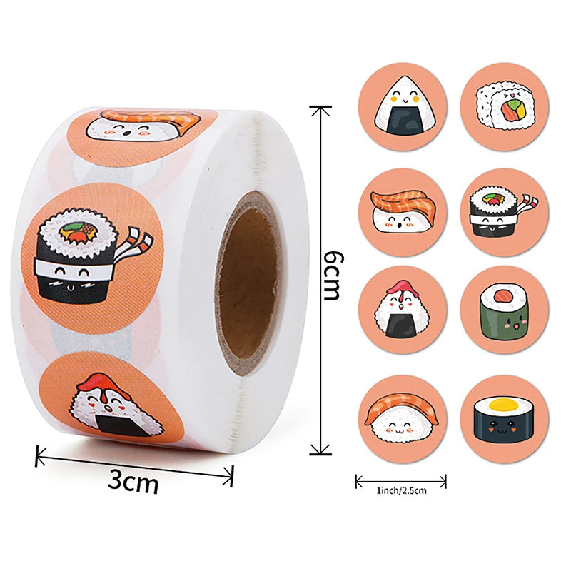stickers adhésifs sushi cartoon visage couleurs diverses blanc rouge noir vert orange jaune rose